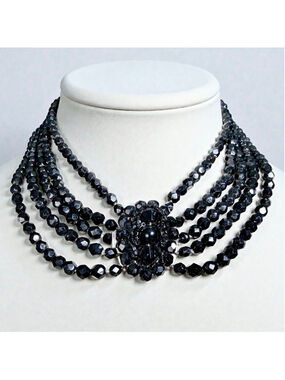 Antique French Jet Glass Multi Strand Collar Necklace c1900 Victorian Mourning